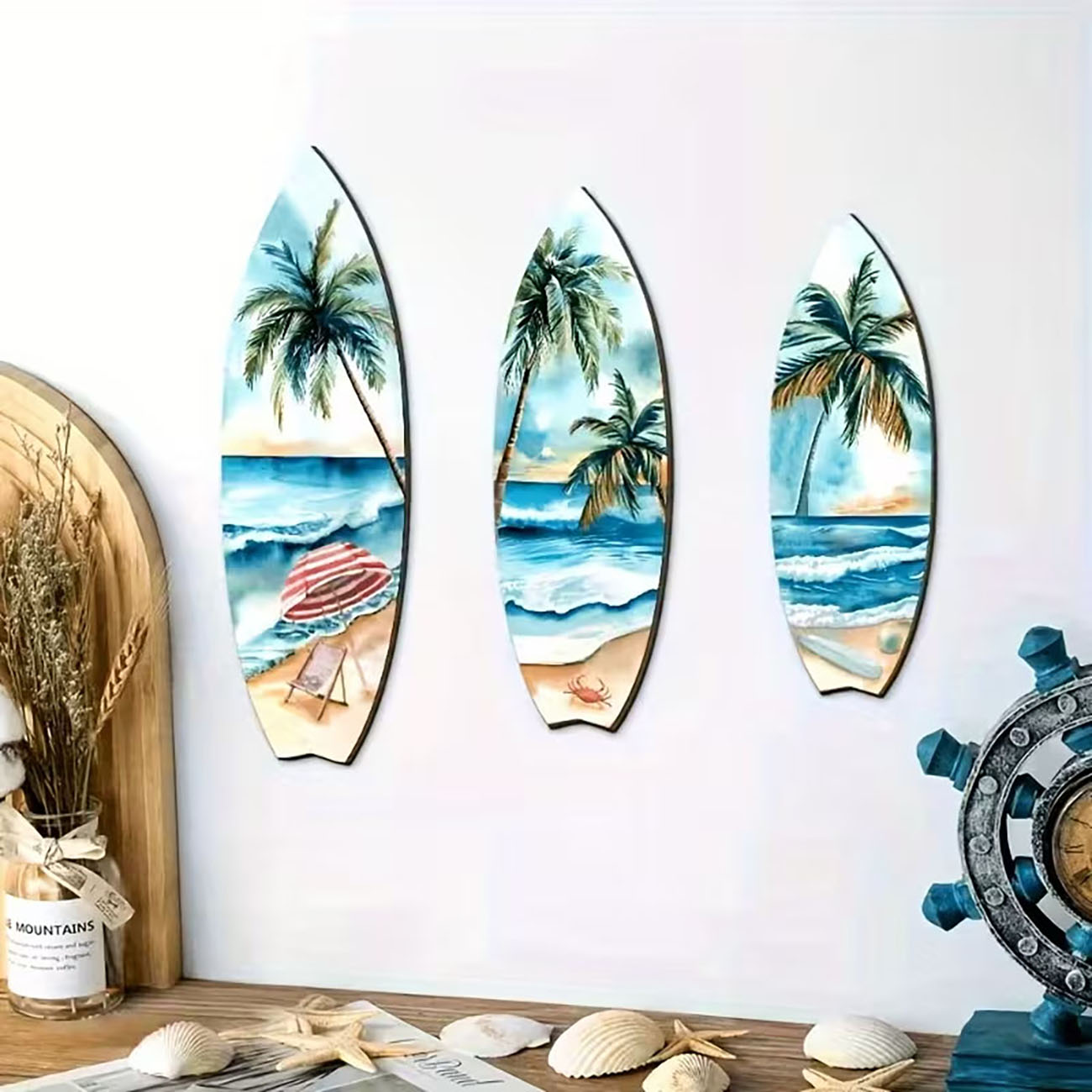 Woodworking Room - 3pcs Ocean View Surfboard Wooden Wall