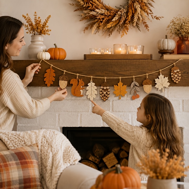 Woodworking Room - Autumn Wooden Garland Squirrel Maple Leaf